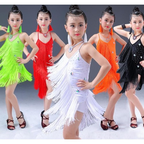 Girls latin dresses children kids fringes performance diamond competition red black white green  salsa rumba chacha dancing dresses